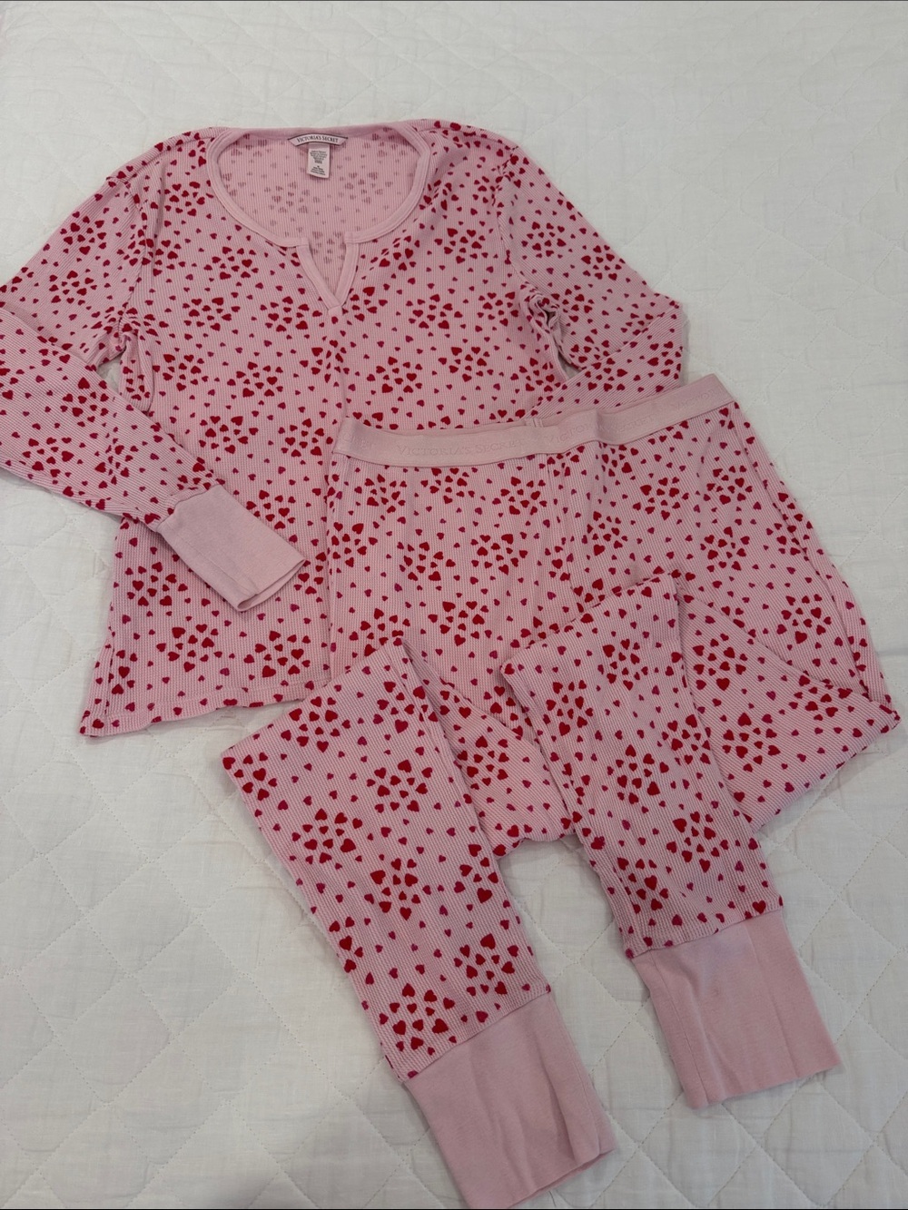 Victoria's Secret Pink Pajama Set with Red Heart Print